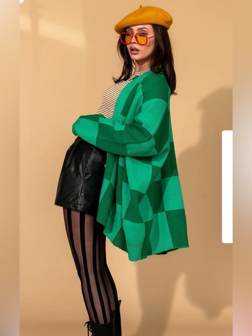 dressed in Lala Love You Oversized checkerboard Cardigan in green girl L/xl